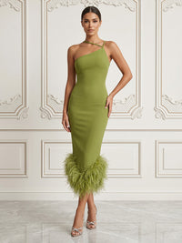 Stretch Jersey Sheath/Column Halter Tea-Length Cocktail Dresses with Feather Trim