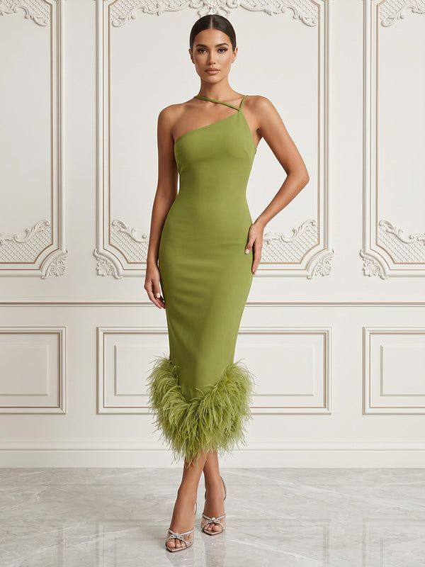 Stretch Jersey Sheath/Column Halter Tea-Length Cocktail Dresses with Feather Trim