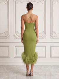 Stretch Jersey Sheath/Column Halter Tea-Length Cocktail Dresses with Feather Trim