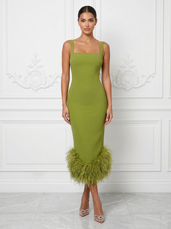 Stretch Jersey Sheath/Column Square Neck Tea-Length Cocktail Dresses with Feather Trim