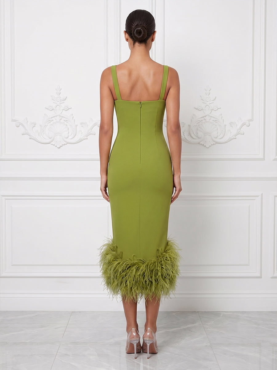 Stretch Jersey Sheath/Column Square Neck Tea-Length Cocktail Dresses with Feather Trim