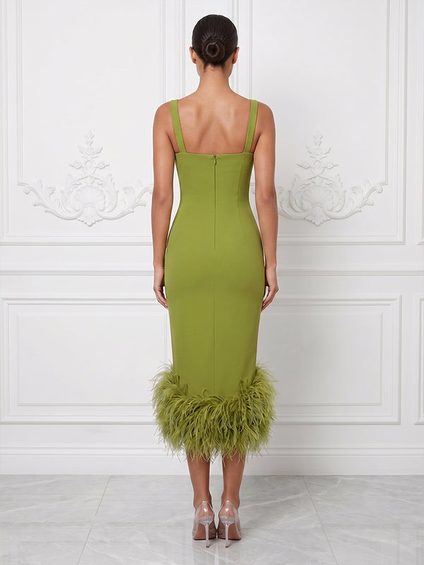 Stretch Jersey Sheath/Column Square Neck Tea-Length Cocktail Dresses with Feather Trim