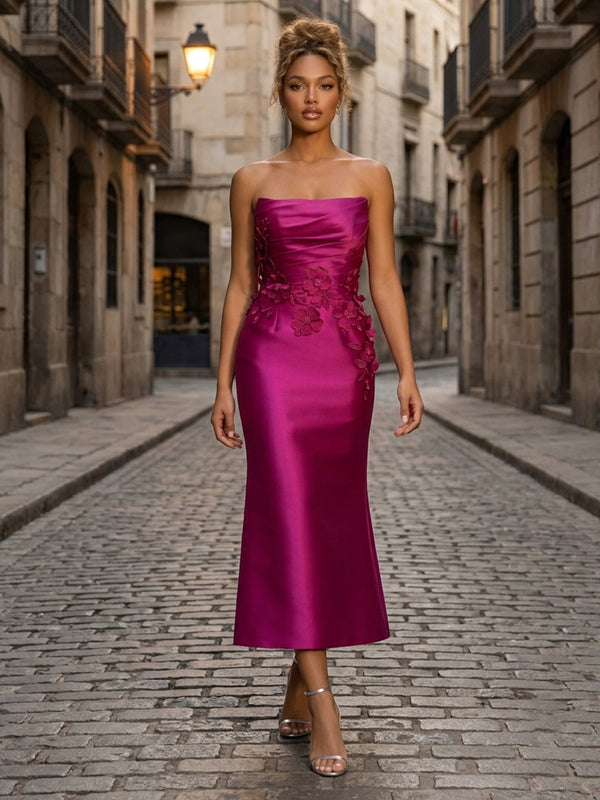 Satin Sheath/Column Strapless Tea-Length Cocktail Dresses with 3D Flowers & Ruched Waist
