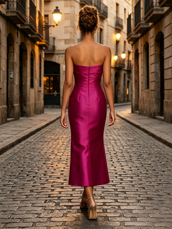 Satin Sheath/Column Strapless Tea-Length Cocktail Dresses with 3D Flowers & Ruched Waist