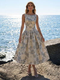 Jacquard A-Line/Princess Scoop Neck Tea-Length Cocktail Dresses with Ruched Waist