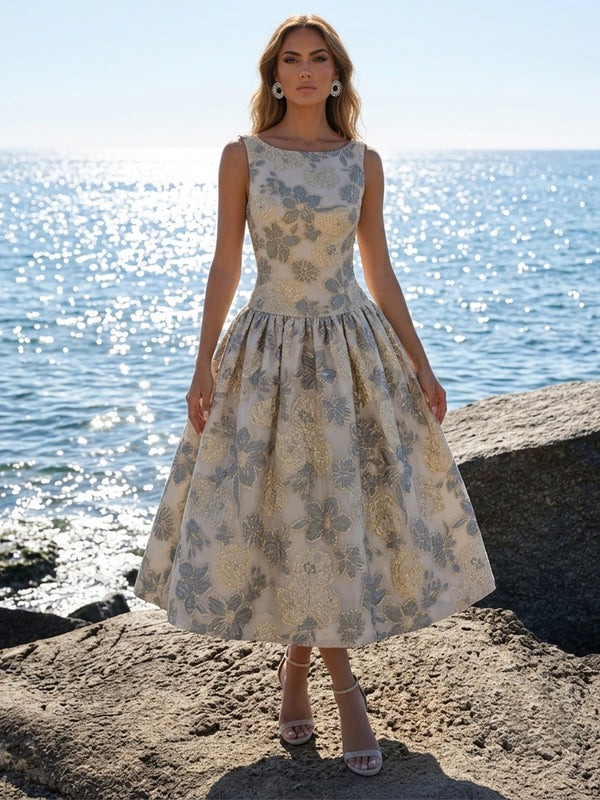 Jacquard A-Line/Princess Scoop Neck Tea-Length Cocktail Dresses with Ruched Waist
