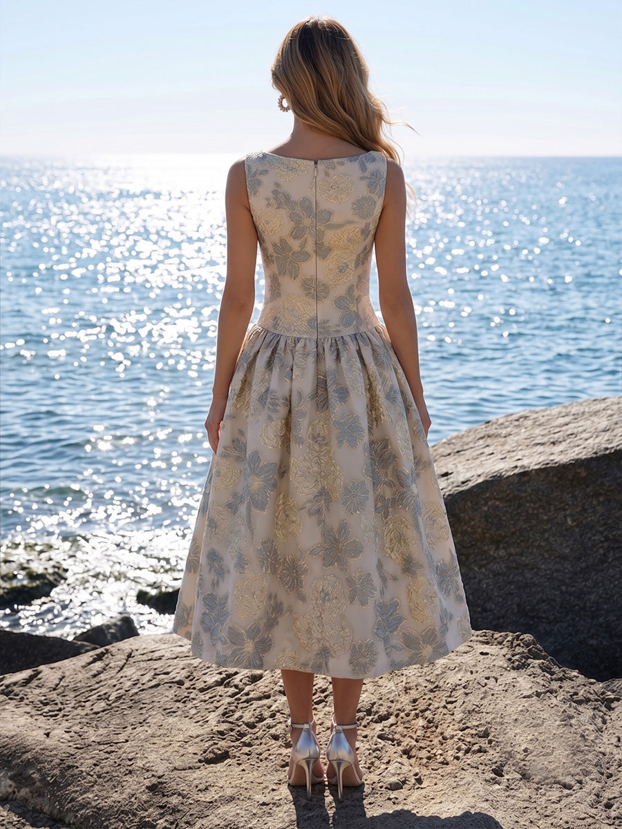 Jacquard A-Line/Princess Scoop Neck Tea-Length Cocktail Dresses with Ruched Waist
