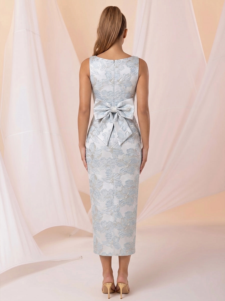 Jacquard Sheath/Column V-Neck Tea-Length Cocktail Dresses with Slit & Bow