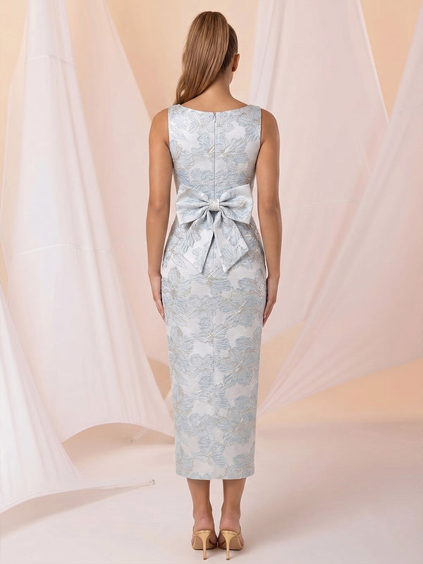 Jacquard Sheath/Column V-Neck Tea-Length Cocktail Dresses with Slit & Bow