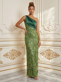 Sequin Floral Sheath/Column One Shoulder Floor-Length Cocktail Dresses with Ruched Bodice
