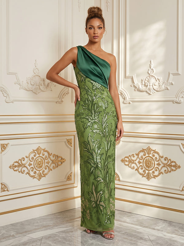 Sequin Floral Sheath/Column One Shoulder Floor-Length Cocktail Dresses with Ruched Bodice