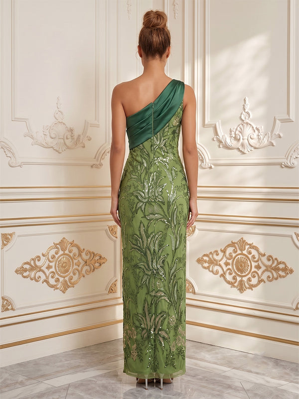 Sequin Floral Sheath/Column One Shoulder Floor-Length Cocktail Dresses with Ruched Bodice