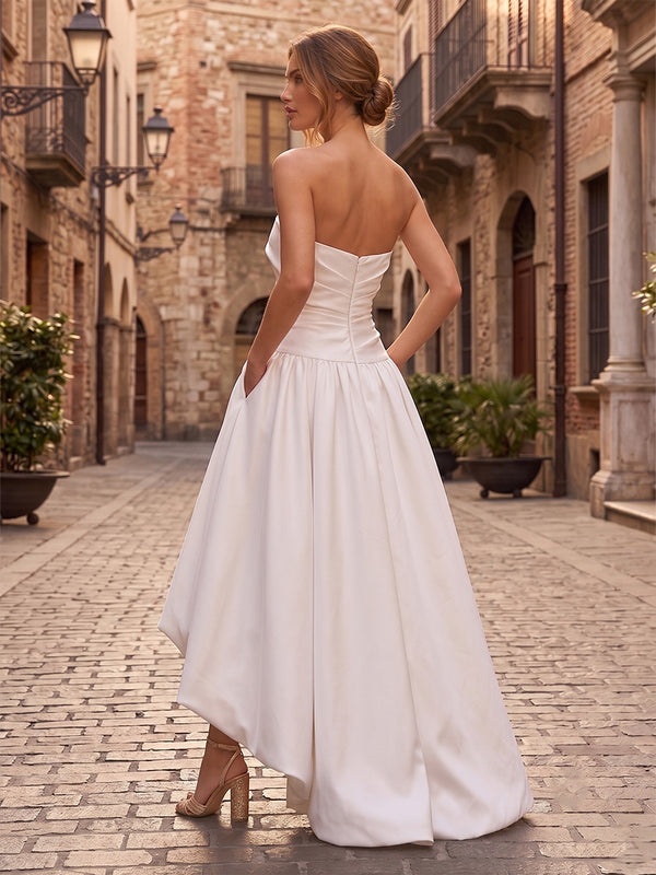 Satin A-Line/Princess Strapless High-Low Cocktail Dresses with Pleats & Pockets