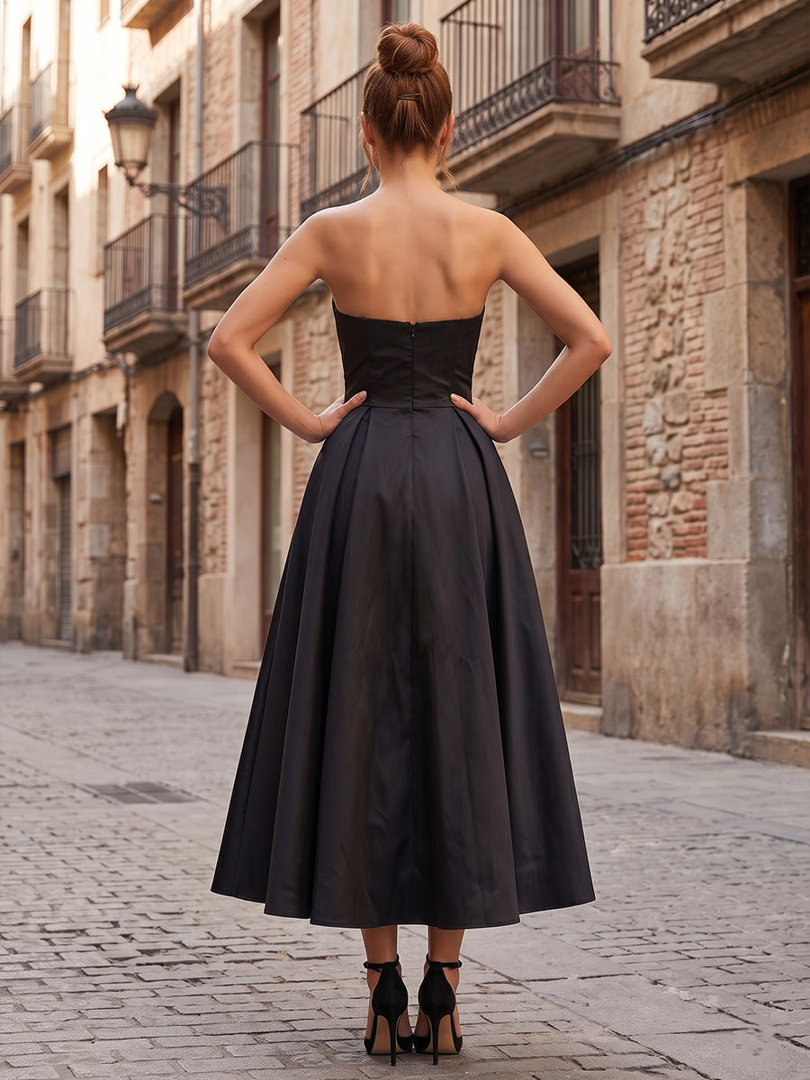 Stretch Jersey A-Line/Princess Strapless Tea-Length Cocktail Dresses with Pleats