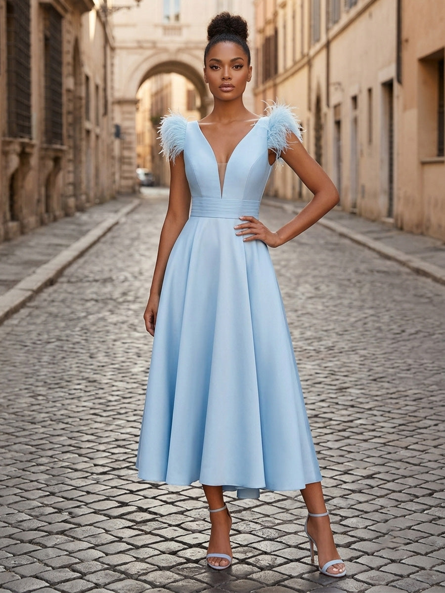 Satin A-Line/Princess V-Neck Tea-Length Cocktail Dresses with Pleats