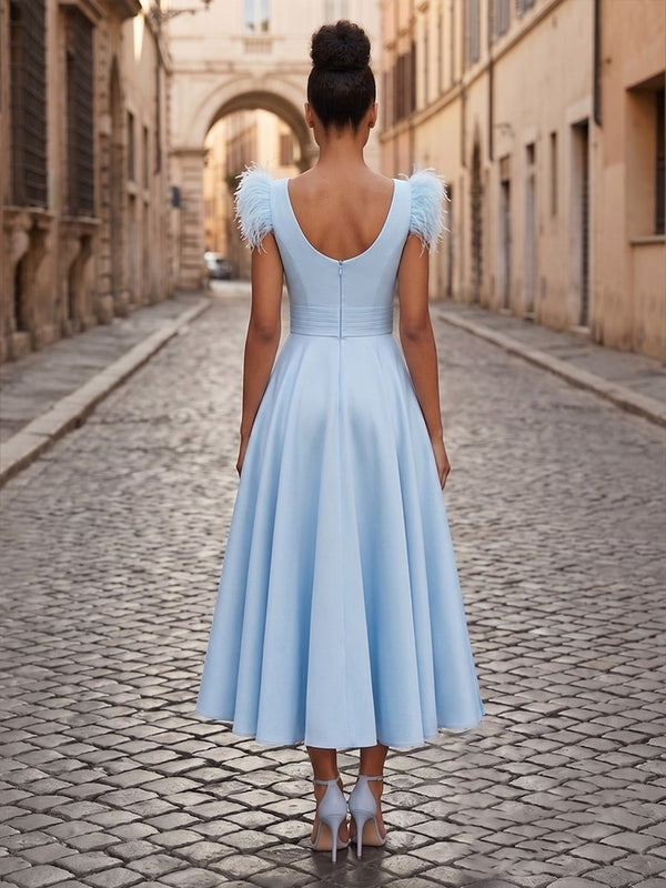 Satin A-Line/Princess V-Neck Tea-Length Cocktail Dresses with Pleats