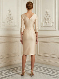 Satin Sheath/Column V-Neck Midi-Length Cocktail Dresses with Ruffles
