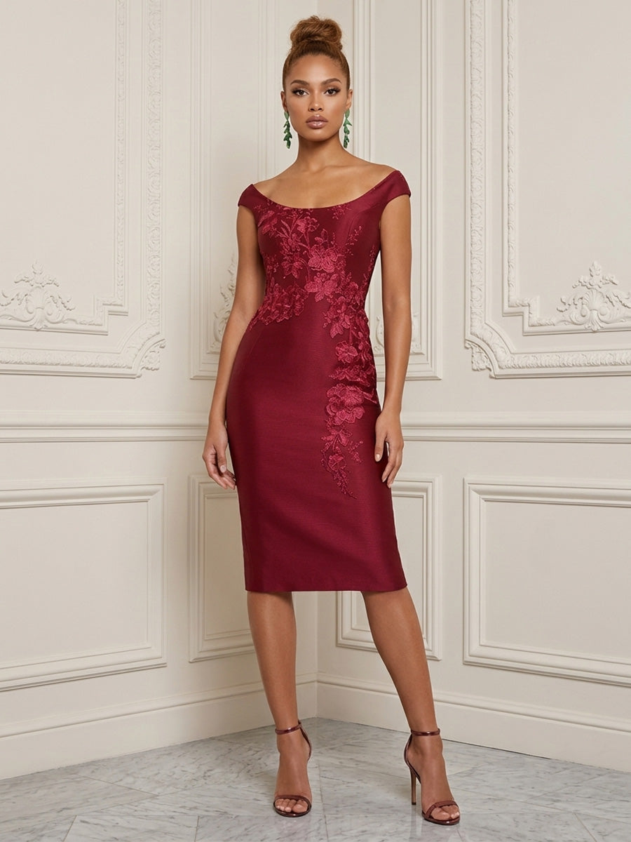 Satin Sheath/Column Scoop Neck Midi-Length Cocktail Dresses with Lace Embroidery Bodice