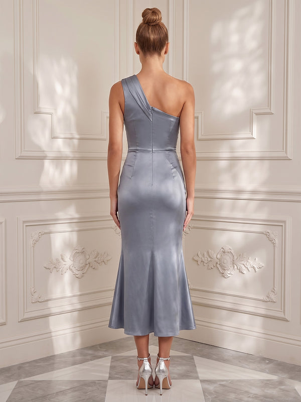 Satin Mermaid/Trumpet One Shoulder Tea-Length Cocktail Dresses with Ruched Waist