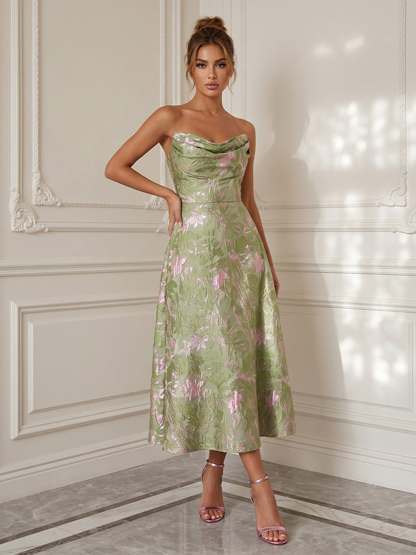 Jacquard A-Line/Princess Strapless Tea-Length Cocktail Dresses with Ruched Bodice