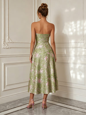 Jacquard A-Line/Princess Strapless Tea-Length Cocktail Dresses with Ruched Bodice