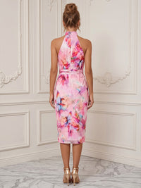 Floral Print Sheath/Column High Neck Midi-Length Cocktail Dresses with Ruched Waist