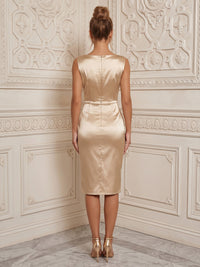 Satin Sheath/Column Cowl Neck Midi-Length Cocktail Dresses with Ruched Waist