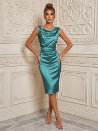 Satin Sheath/Column Cowl Neck Midi-Length Cocktail Dresses with Ruched Waist