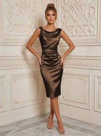 Satin Sheath/Column Cowl Neck Midi-Length Cocktail Dresses with Ruched Waist