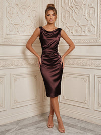 Satin Sheath/Column Cowl Neck Midi-Length Cocktail Dresses with Ruched Waist