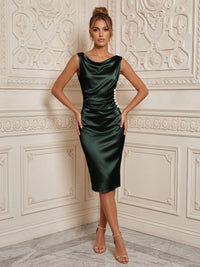 Satin Sheath/Column Cowl Neck Midi-Length Cocktail Dresses with Ruched Waist
