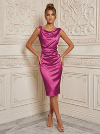Satin Sheath/Column Cowl Neck Midi-Length Cocktail Dresses with Ruched Waist