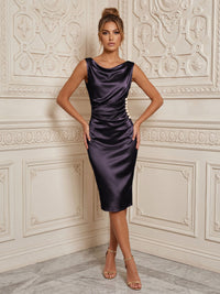 Satin Sheath/Column Cowl Neck Midi-Length Cocktail Dresses with Ruched Waist