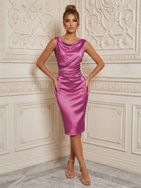 Satin Sheath/Column Cowl Neck Midi-Length Cocktail Dresses with Ruched Waist
