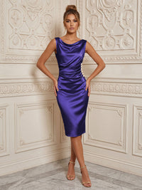 Satin Sheath/Column Cowl Neck Midi-Length Cocktail Dresses with Ruched Waist