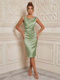 Satin Sheath/Column Cowl Neck Midi-Length Cocktail Dresses with Ruched Waist