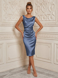 Satin Sheath/Column Cowl Neck Midi-Length Cocktail Dresses with Ruched Waist