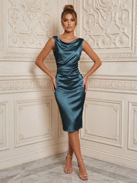 Satin Sheath/Column Cowl Neck Midi-Length Cocktail Dresses with Ruched Waist