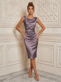 Satin Sheath/Column Cowl Neck Midi-Length Cocktail Dresses with Ruched Waist