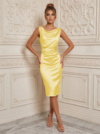 Satin Sheath/Column Cowl Neck Midi-Length Cocktail Dresses with Ruched Waist