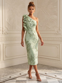 Jacquard Sheath/Column One Shoulder Tea-Length Cocktail Dresses with 3D Flowers