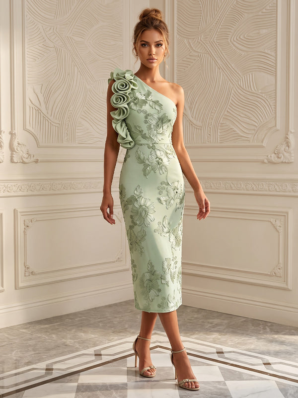 Jacquard Sheath/Column One Shoulder Tea-Length Cocktail Dresses with 3D Flowers