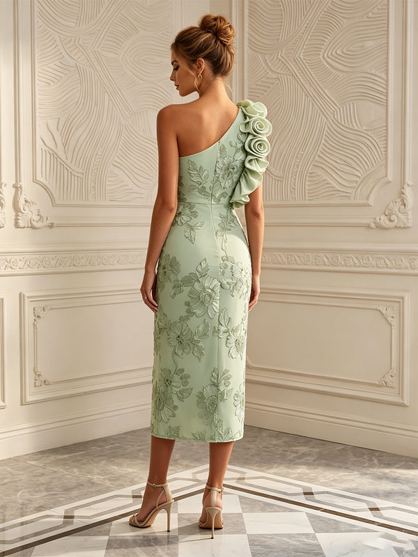 Jacquard Sheath/Column One Shoulder Tea-Length Cocktail Dresses with 3D Flowers