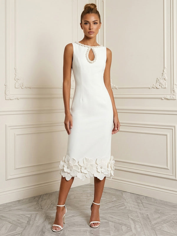 Stretch Jersey Sheath/Column Scoop Neck Tea-Length Cocktail Dresses with 3D Flowers & Pearls