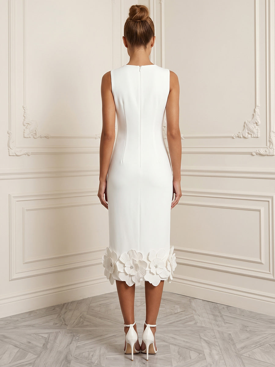 Stretch Jersey Sheath/Column Scoop Neck Tea-Length Cocktail Dresses with 3D Flowers & Pearls