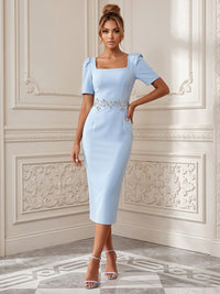 Satin Sheath/Column Square Neck Tea-Length Cocktail Dresses with Rhinestones