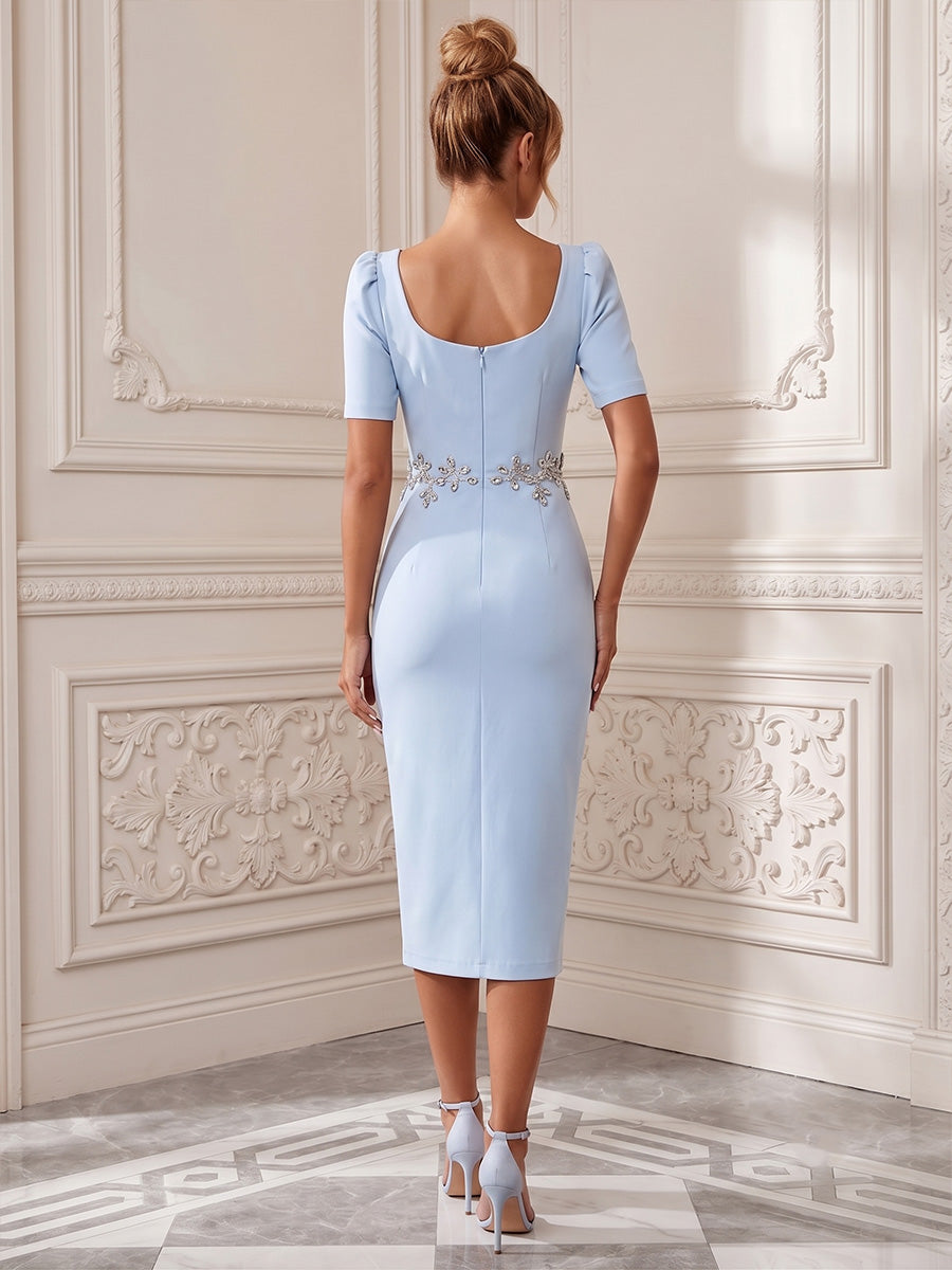 Satin Sheath/Column Square Neck Tea-Length Cocktail Dresses with Rhinestones