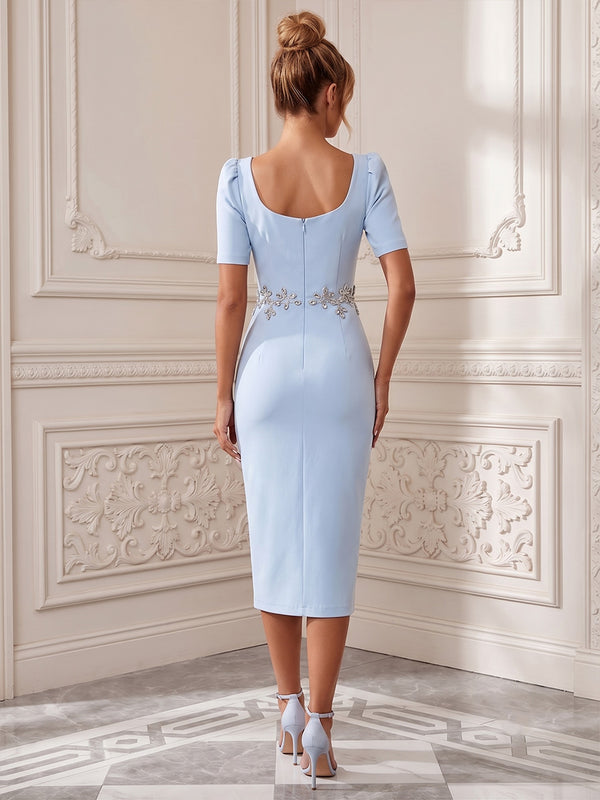 Satin Sheath/Column Square Neck Tea-Length Cocktail Dresses with Rhinestones