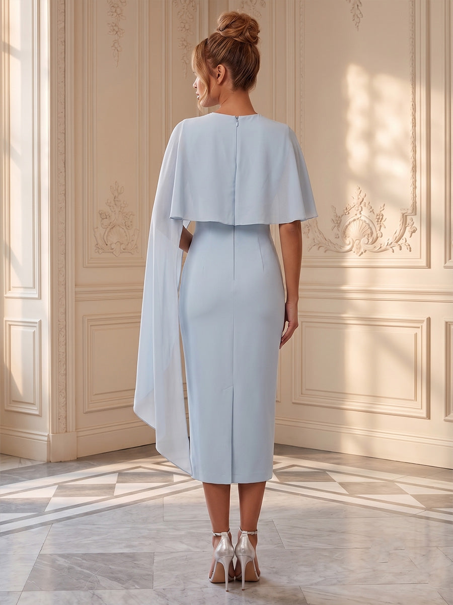 Stretch Jersey Sheath/Column Scoop Neck Tea-Length Cocktail Dresses with Rhinestones