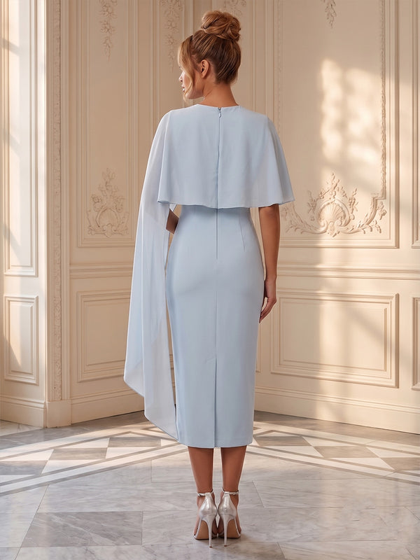 Stretch Jersey Sheath/Column Scoop Neck Tea-Length Cocktail Dresses with Rhinestones